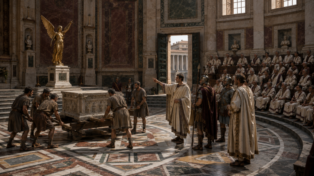 Costanzo II 337361 - Scripta Manent Italia Rimozione dell'Altare della Vittoria dal Senato romano sotto Costanzo II, con senatori pagani e imperatore cristiano nella Curia