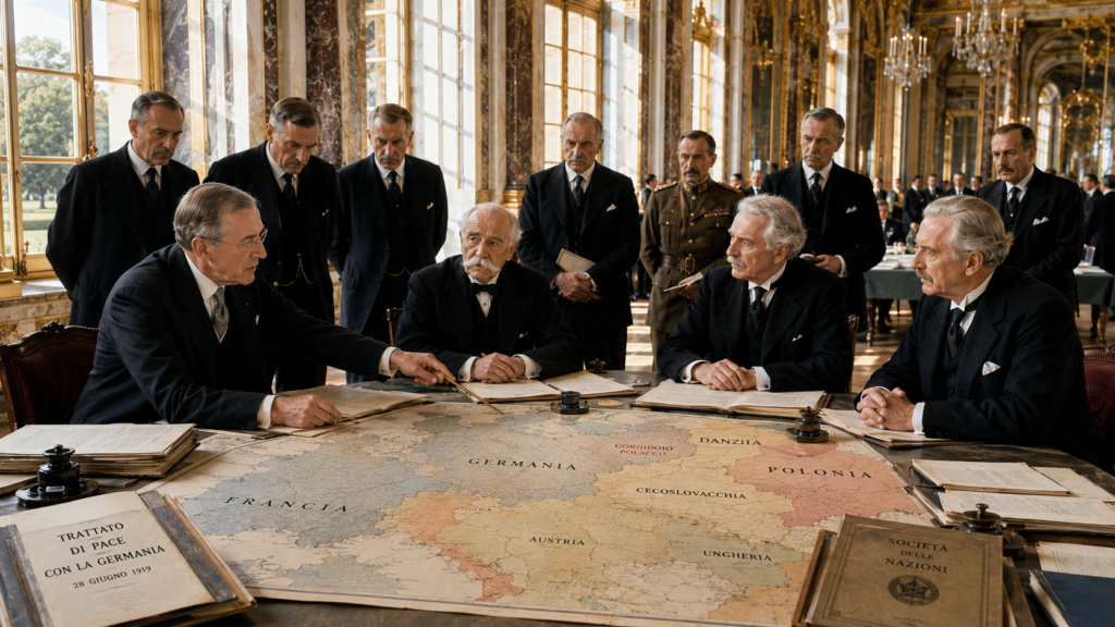 Dal 1919 ai nostri trattati come si costruisce il futuro di un nemico sconfitto - Scripta Manent Italia Delegati esaminano la mappa dei nuovi confini europei nel trattato di Versailles 1919