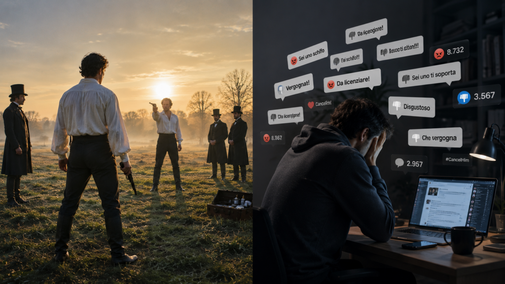 Dal prato allalba al linciaggio social - Scripta Manent Italia Duello all'alba a confronto con un uomo sopraffatto da commenti di odio e cancel culture sui social