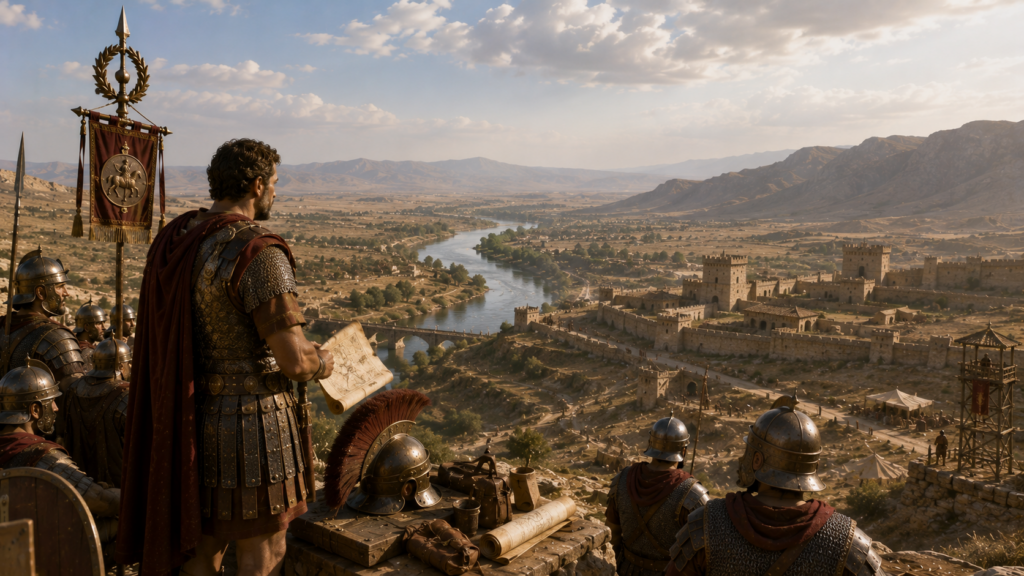 Ufficiale romano osserva mappa e fortezza sul fiume, vessillo del centauro della III Parthica