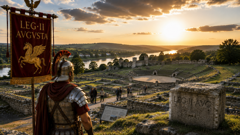 Eredità e percezione moderna della Legio II Augusta - Scripta Manent Italia Rievocatore della Legio II Augusta osserva le rovine archeologiche con anfiteatro e visitatori al tramonto