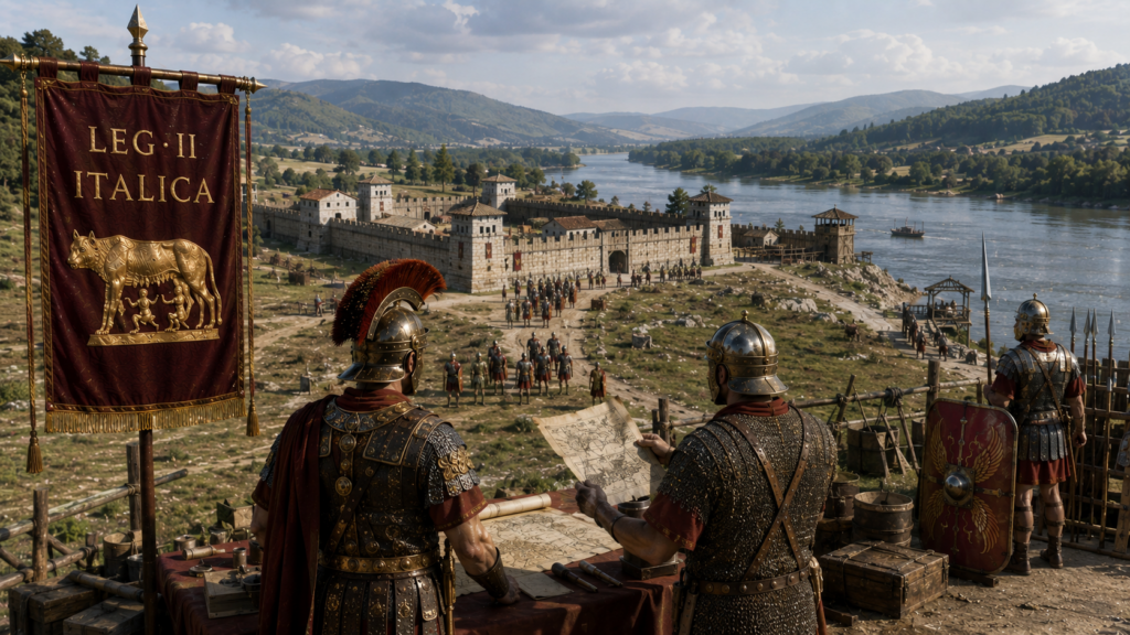 Eredità e percezione moderna della Legio II Italica - Scripta Manent Italia Ufficiali della Legio II Italica consultano mappe strategiche davanti al forte di Lauriacum sul Danubio