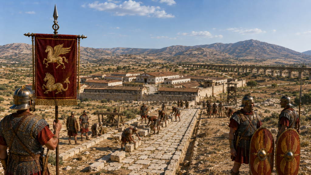 Legionari della Legio III Augusta costruiscono una strada romana con vessillo Pegaso in primo piano