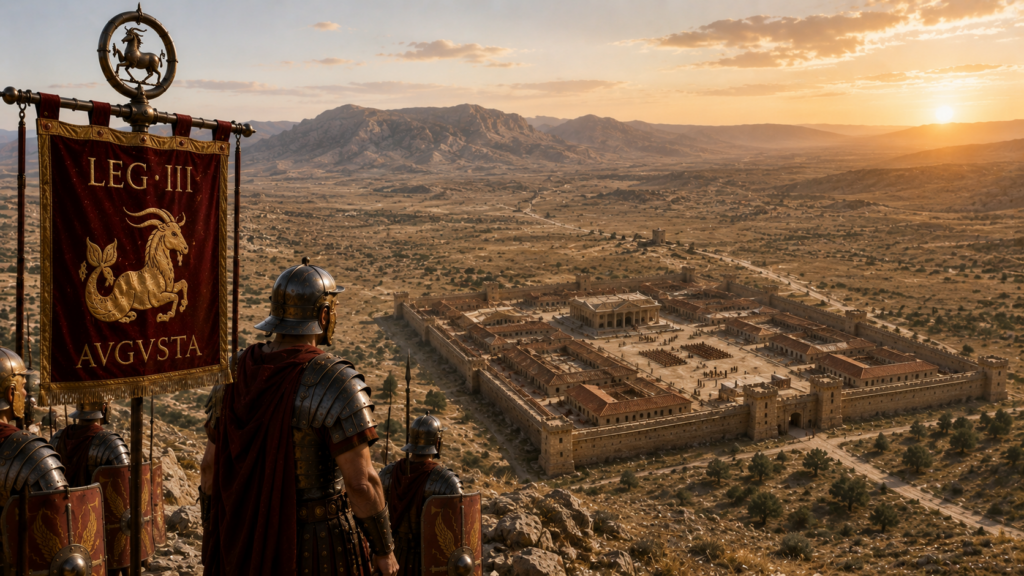 Eredità e percezione moderna della Legio III Augusta - Scripta Manent Italia Legionari romani con vessillo Legio III Augusta osservano al tramonto la fortezza di Lambaesis nel deserto africano