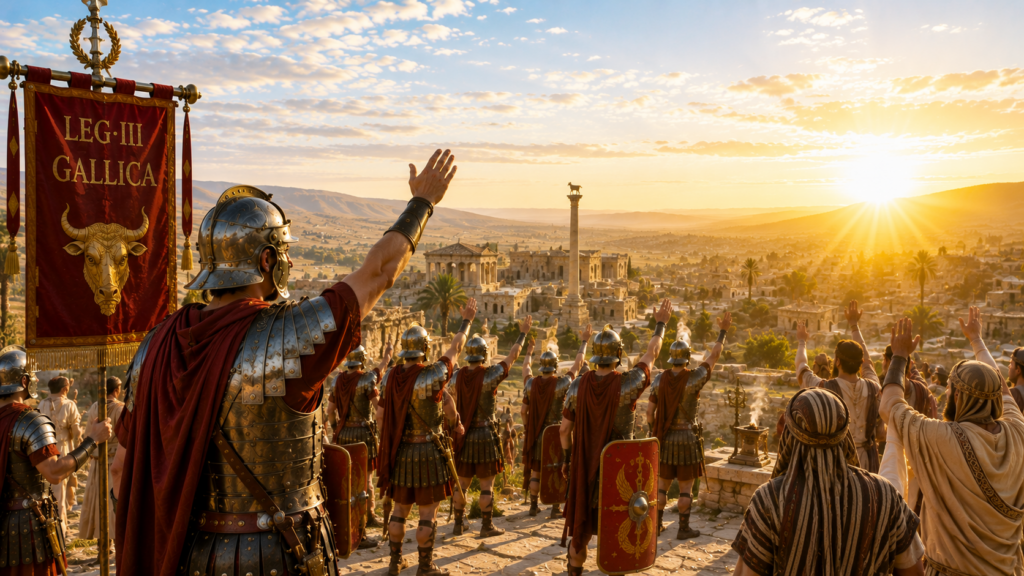 Eredità e percezione moderna della Legio III Gallica - Scripta Manent Italia Legionari della III Gallica salutano l'alba con insegna del toro davanti a città siriaca antica