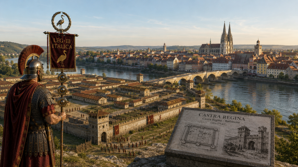 Eredità e percezione moderna della Legio III Italica - Scripta Manent Italia Centurione della Legio III Italica con vessillo LEG III ITALICA osserva Castra Regina antica affiancata alla Ratisbona moderna sul Danubio, con targa storica