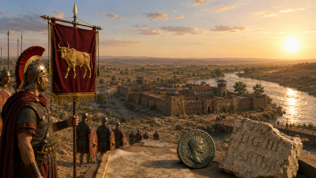 Eredità della Legio III Parthica: moneta romana e iscrizione LEG III PARTHICA con fortezza sul fiume al tramonto