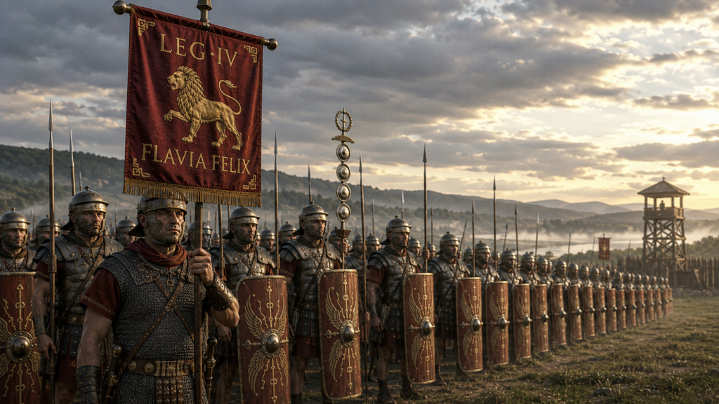 Eredità e percezione moderna della Legio IV Flavia Felix - Scripta Manent Italia Legionario con vessillo del leone della Legio IV Flavia Felix davanti alla fortezza di Singidunum sul Danubio