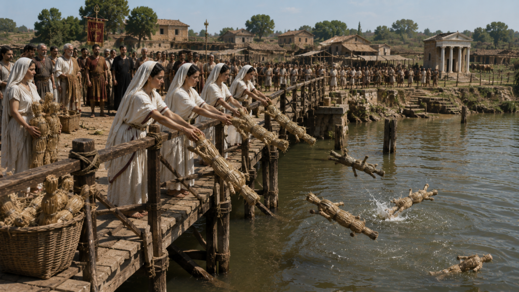 Fantocci nel Tevere al posto dei corpi - Scripta Manent Italia Vestali gettano fantocci di giunco Argei dal ponte Sublicio nel Tevere durante rito romano