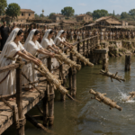 Women in white robes release tied bundles into a river from a weathered wooden pier while a crowd of villagers watches.