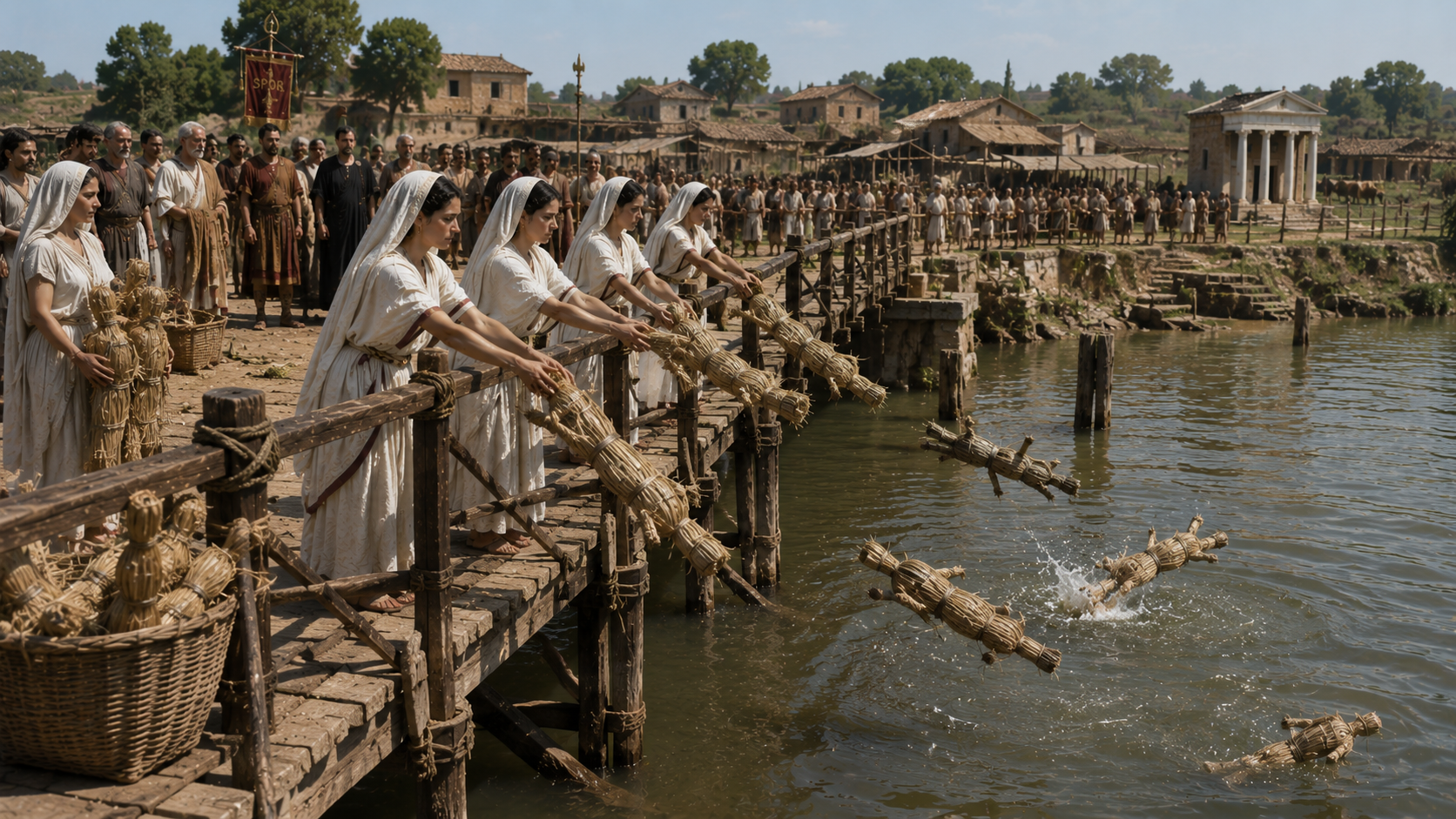 Women in white robes release tied bundles into a river from a weathered wooden pier while a crowd of villagers watches.