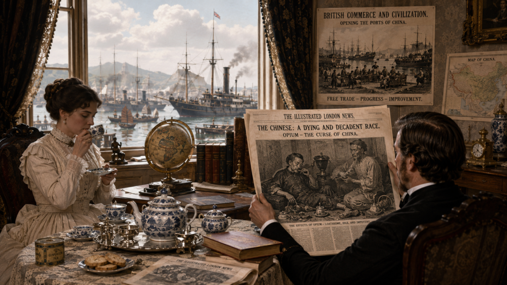 La Cina del tè agli occhi dellOccidente - Scripta Manent Italia Salotto vittoriano con coppia che beve il tè davanti a un giornale che descrive la Cina come razza decadente, con manifesti sul commercio britannico e navi in porto sullo sfondo