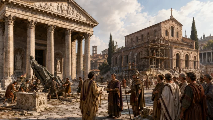 Le persecuzioni contro i pagani nellimpero romano Statua pagana rimossa da un tempio romano durante la costruzione di una basilica cristiana, simbolo della transizione religiosa nella tarda antichità