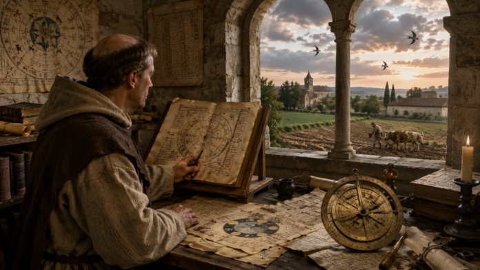 Monaco medievale studia tavole astronomiche e astrolabio in un monastero, con contadino e buoi che arano i campi sullo sfondo al tramonto
