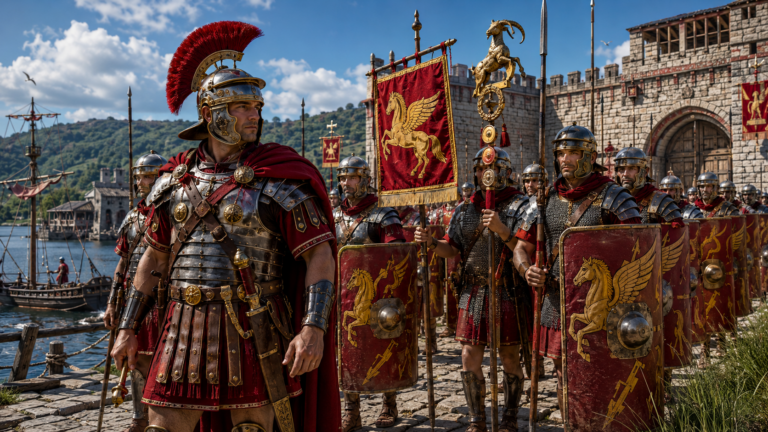Centurione romano con elmo piumato rosso e legionari della Legio II Augusta con scudi e vessillo Pegaso davanti a un forte