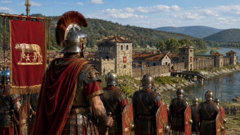 Legionari romani della Legio II Italica con vessillo della lupa e i gemelli davanti al forte di Lauriacum sul Danubio