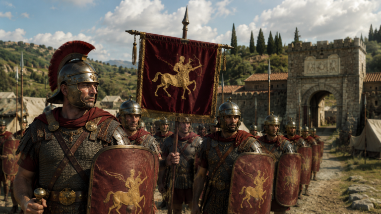 Legionari romani della Legio II Parthica in marcia con vessillo e scudi decorati dall'emblema del centauro