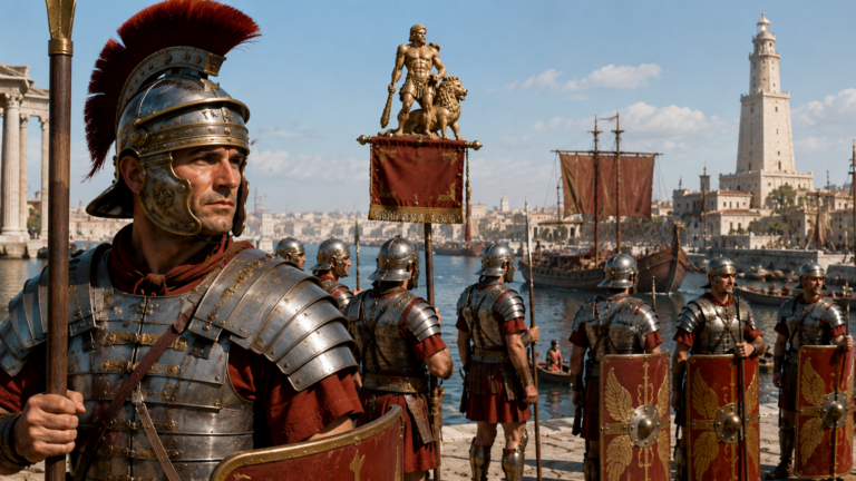 Legionario romano della Legio II Traiana Fortis con elmo piumato ed emblema di Ercole sul porto di Alessandria d'Egitto