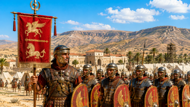 Legionari romani della Legio III Augusta con vessillo Pegaso e Capricorno in un forte del deserto africano