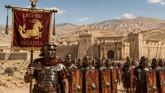 Legio III Augusta storia della legione Centurione romano con vessillo LEG IIII AVGVSTA raffigurante il Capricorno, legionari schierati davanti alla fortezza di Lambaesis