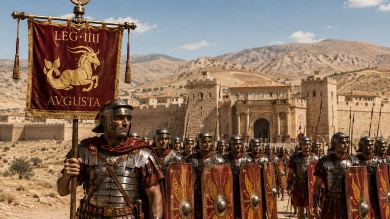 Centurione romano con vessillo LEG IIII AVGVSTA raffigurante il Capricorno, legionari schierati davanti alla fortezza di Lambaesis