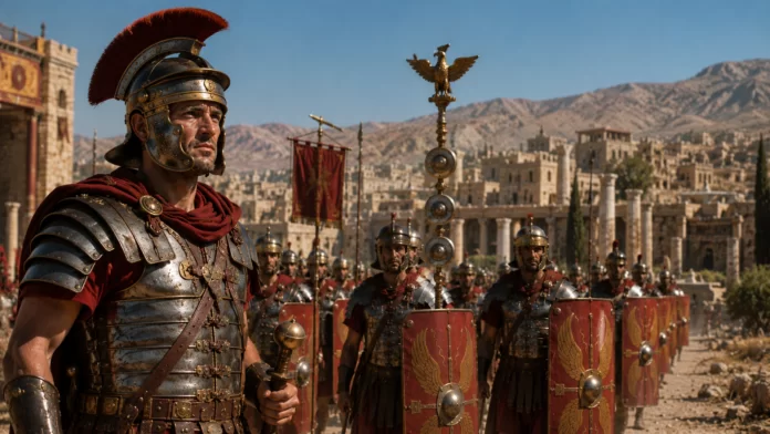 Legio III Cyrenaica storia della legione Centurione romano con elmo piumato guida i legionari della Legio III Cyrenaica in marcia verso una città di frontiera orientale