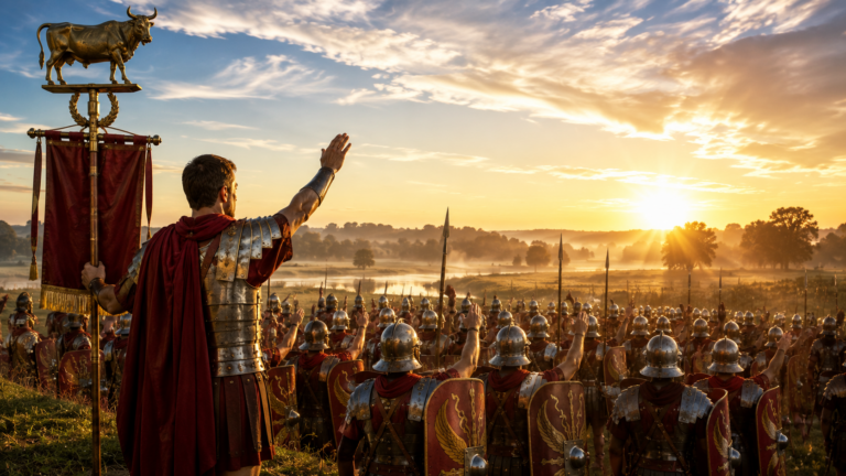 Centurione romano alza il braccio davanti ai legionari della Legio III Gallica con insegna del toro all'alba