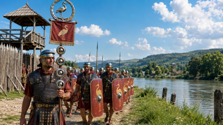 Soldati romani della Legio III Italica in marcia lungo il Danubio con stendardo, insegna della cicogna e scudi decorati, presso una fortezza di legno