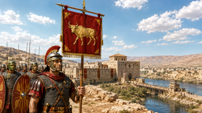 Roman soldiers in armor march beside a red banner adorned with a gold bull, with a stone fortress and river in the background