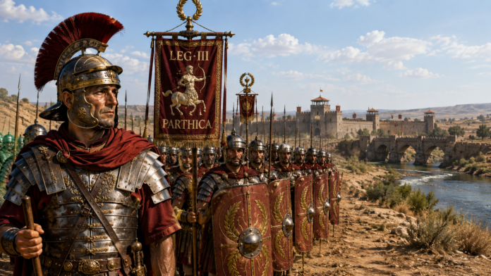 Legionari romani della Legio III Parthica in marcia con vessillo del centauro, fortezza sul fiume