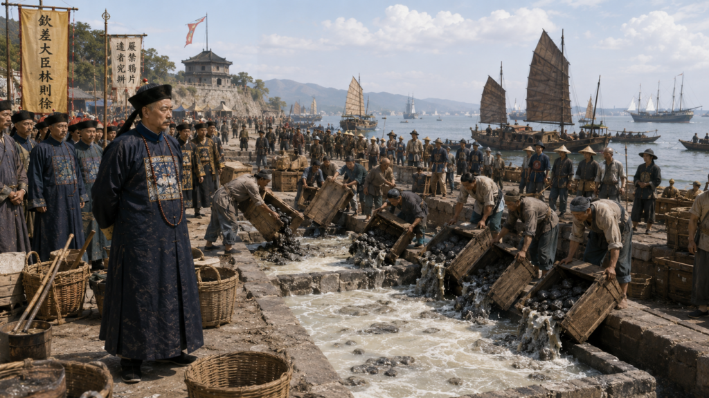 Lin Zexu i magazzini di Canton e il casus belli - Scripta Manent Italia Lin Zexu supervisiona a Canton la distruzione pubblica dell'oppio confiscato, gettato in fosse d'acqua davanti a funzionari, soldati e navi occidentali nel porto