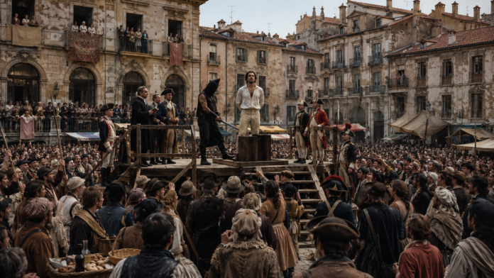 Lo spettacolo delle esecuzioni pubbliche Esecuzione pubblica in una piazza europea del Settecento con condannato sul patibolo, boia incappucciato, autorità e folla assiepata