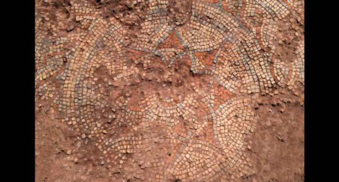 Mosaico Circular ancient mosaic pattern partially buried in reddish soil, with small beige tiles forming concentric rings and curves.