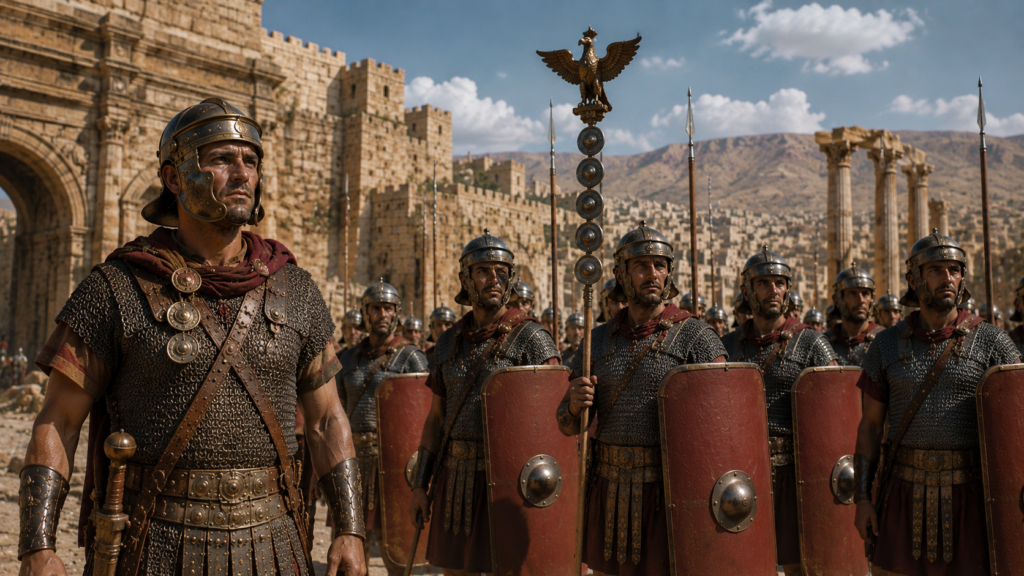 Nome titoli onorifici ed emblema - Scripta Manent Italia Centurione della Legio III Cyrenaica in armatura lorica hamata davanti alle mura di Bostra con insegna dell'aquila legionaria
