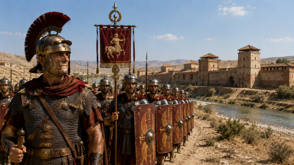 Centurione della Legio III Parthica con vessillo del centauro arciere davanti a fortezza romana