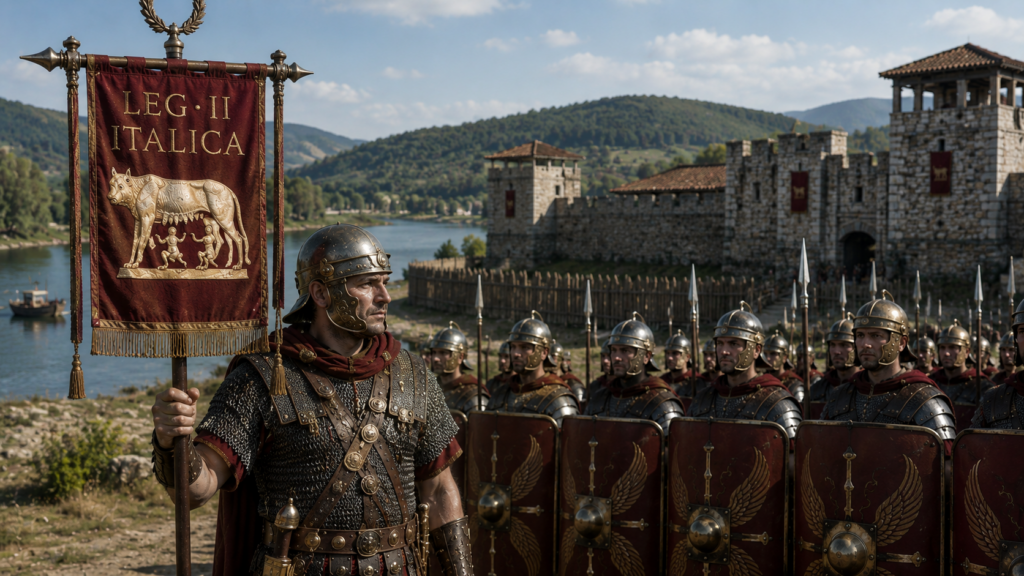 Nome titoli onorifici ed emblema della legione - Scripta Manent Italia Vessillo LEG II ITALICA con lupa e gemelli Romolo e Remo, centurione romano davanti al forte di Lauriacum