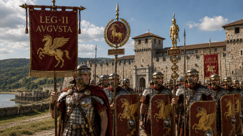 Nome titoli onorifici ed emblema della legione - Scripta Manent Italia Vessillo Legio II Augusta con Pegaso dorato, insegna Capricornus e statua di Marte tra i legionari romani schierati