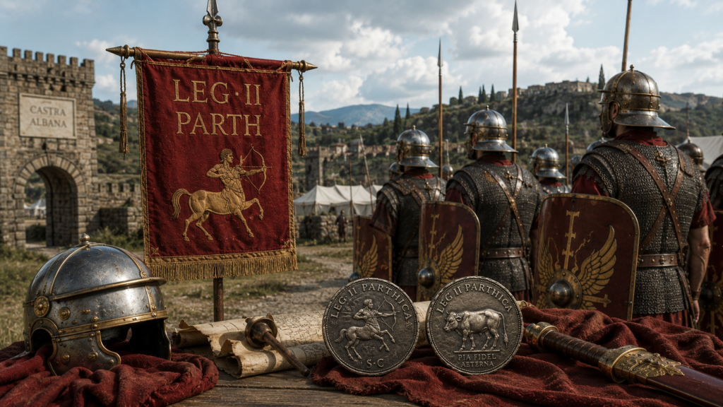 Nome titoli onorifici ed emblema della legione - Scripta Manent Italia Vessillo, elmo e monete della Legio II Parthica con emblemi del centauro e del toro, Castra Albana