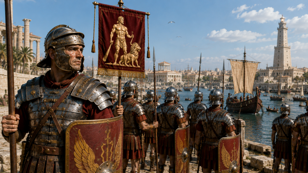 Nome titoli onorifici ed emblema della legione - Scripta Manent Italia Stendardo della Legio II Traiana Fortis con l'emblema di Ercole e il leone nemeo davanti al porto di Alessandria d'Egitto