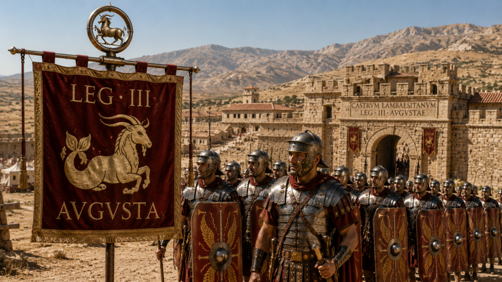Nome titoli onorifici ed emblema della legione - Scripta Manent Italia Vessillo Legio III Augusta con emblema del Capricorno, centurione in armatura davanti alla porta del Castrum Lambaesitanum