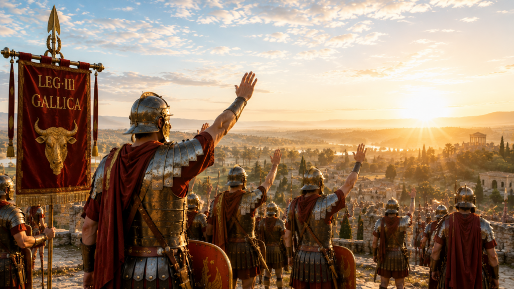 Nome titoli onorifici ed emblema della legione - Scripta Manent Italia Legionari romani con insegna LEG III GALLICA e stendardo del toro al tramonto su città antica