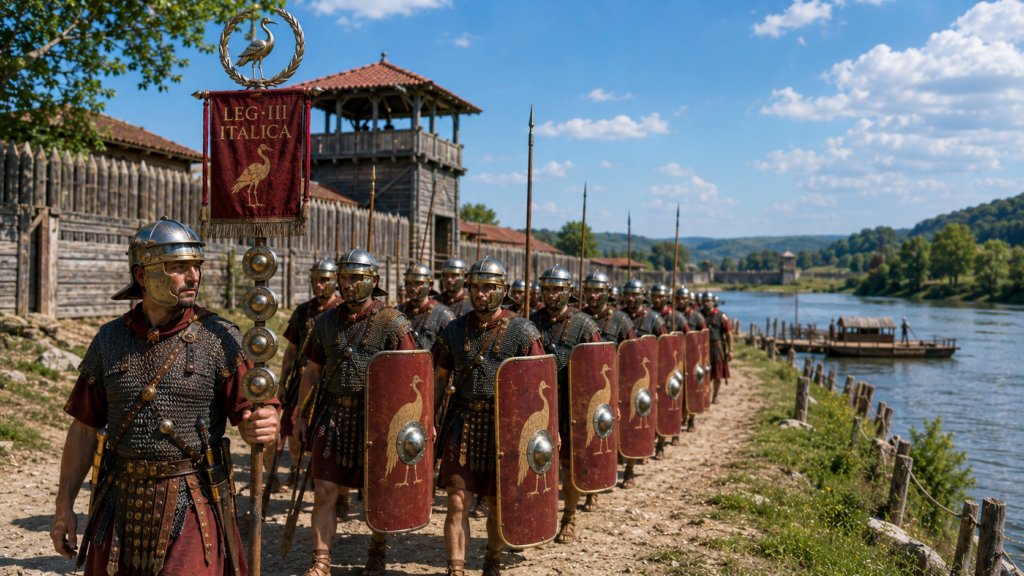Nome titoli onorifici ed emblema della legione - Scripta Manent Italia Legionari romani della Legio III Italica in marcia con vessillo LEG III ITALICA, emblema della cicogna su scudi e insegna, presso fortezza sul Danubio