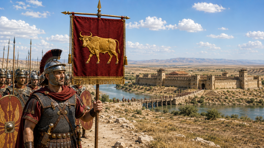 Legio III Parthica: centurione con vessillo del toro e fortezza romana sul fiume Eufrate, veduta con ponte e accampamento