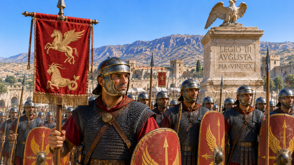 Legionari della Legio III Augusta con vessillo Pegaso e Capricorno davanti al monumento Pia Vindex