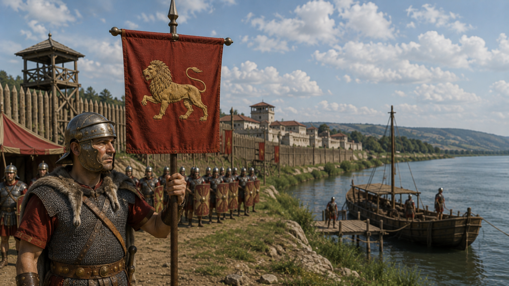 Nome titoli onorifici ed emblema della legione - Scripta Manent Italia Vessillo del leone della Legio IV Flavia Felix con legionari in schieramento presso accampamento fortificato