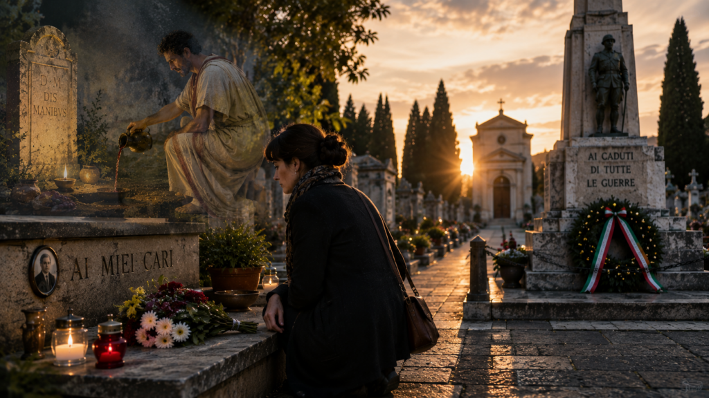 Non abbiamo smesso di parlare ai morti - Scripta Manent Italia Donna moderna al cimitero accanto a un romano antico, rito funebre tra passato e presente