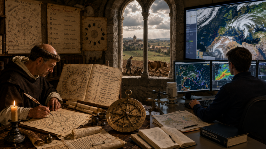 Monaco medievale con astrolabio e prognostico annuale affiancato a un meteorologo moderno con mappe satellitari, simbolo del legame tra previsioni antiche e attuali