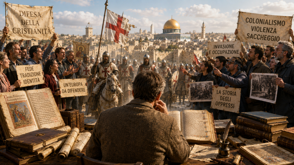 Perché oggi ci interessa tanto chiamarle difensive o conquiste - Scripta Manent Italia Studioso tra manoscritti medievali osserva due gruppi con cartelli opposti su difesa cristiana e colonialismo delle crociate