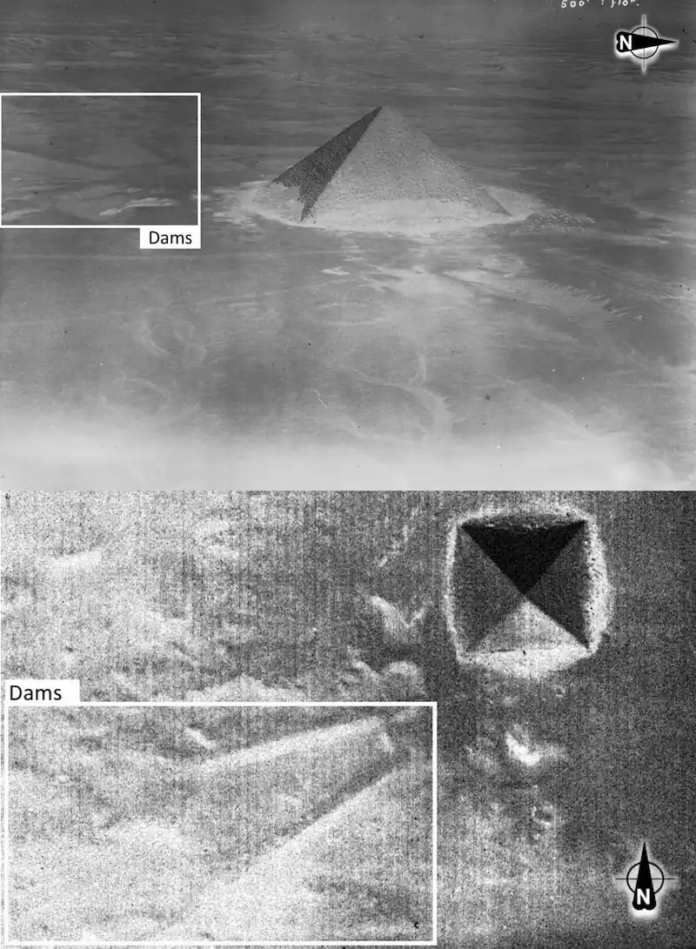 Black-and-white aerial photo showing a cone-shaped sand dune with a callout labeled 'Dams'; lower panel highlights a square dam structure.