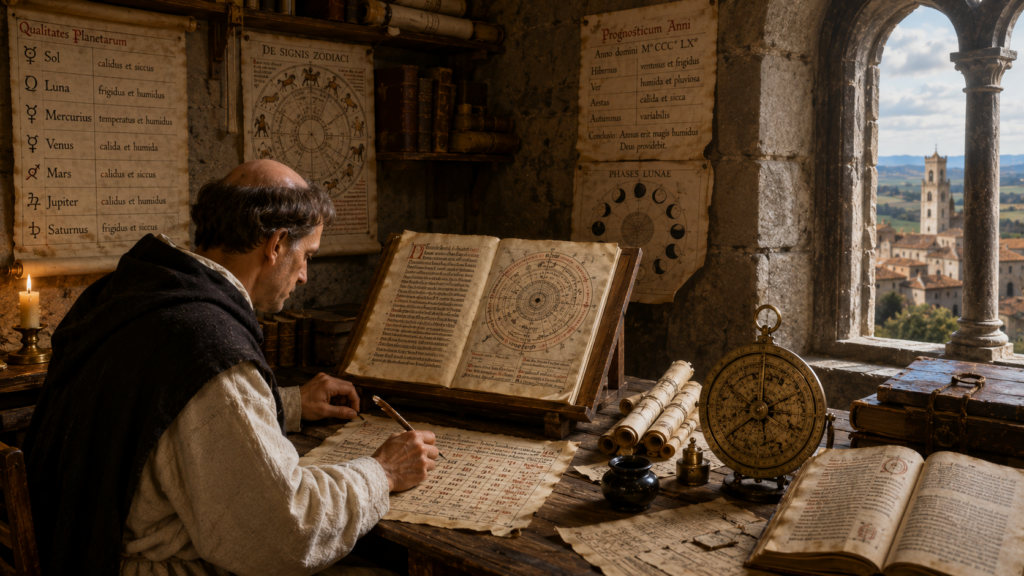 Astrologo medievale scrive un prognostico annuale in uno studio con tavole delle qualità dei pianeti, zodiaco, fasi lunari e astrolabio, torre e città sullo sfondo
